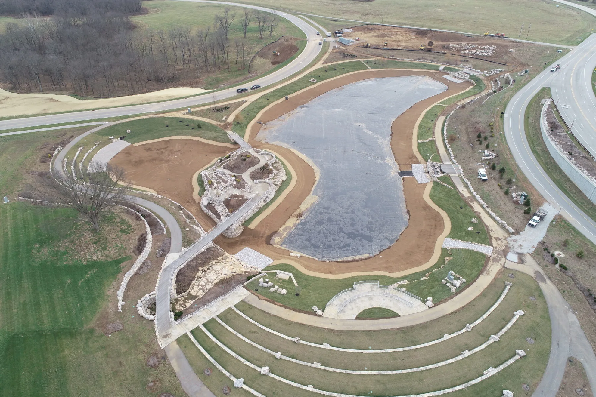Aerial view of completed geomembrane liner installation